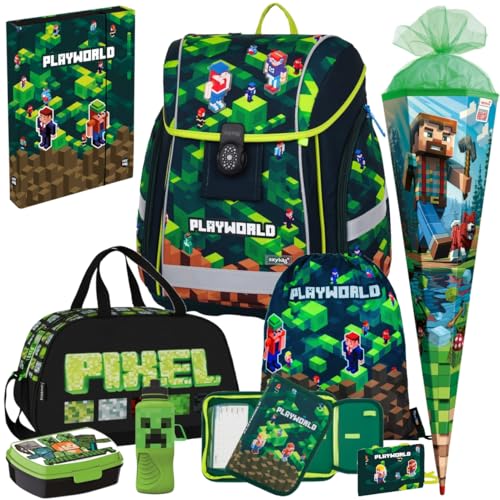 OB Premium Light - Playworld - Pixel - Schulranzen-Set 9tlg. mit Sporttasche, Schultüte R, Brotdose Trinkflasche Brustbeutel, Heftbox A4 gratis