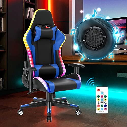 Gaming Stuhl mit RGB LED-Leuchten und Lautsprechern Videospielstuhl Racing Computter Stuhl PC Stuhl aus PU-Leder mit hoher Rückenlehne ergonomischer Bürostuhl mit Kopfstütze Lendenwirbelstütze Blau