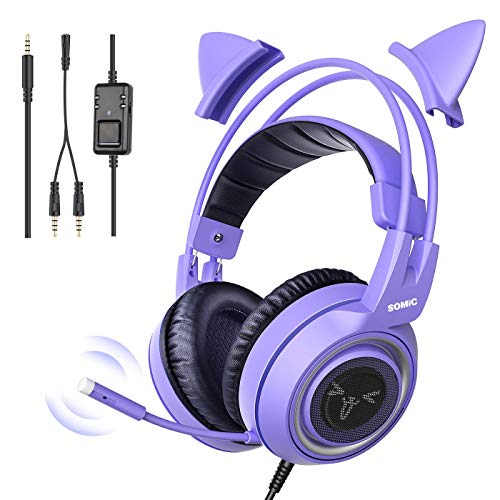 Somic G951S Violett Gaming Headset mit Mikrofon, Mädchen, Frauen Abnehmbarer Cat-Ear-Kopfhörer mit Lautstärkeregler für Xbox One, Switch, PS4-3,5-mm-Buchse
