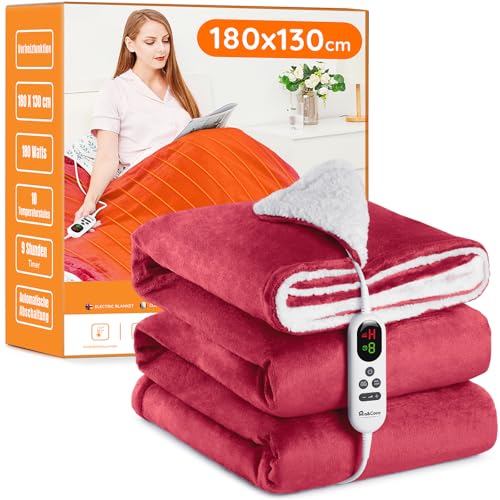 Heizdecke mit Abschaltautomatik, 130x180cm 10 Heizstufen 1~9 Stunden Auto-Off-Timer Überhitzungsschutz, Elektrische Wärmedecke Bett Wärme Decke ETL für Home & Office Schnelle Flanell Waschbar Rot