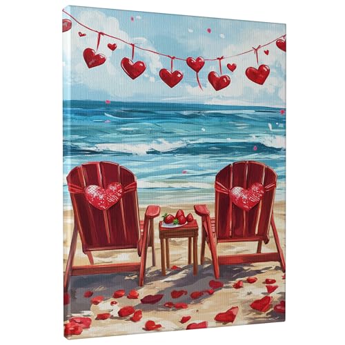 Romantische Strand-Leinwandkunst, Herzstühle, Poster, saisonale Wandkunst, ästhetische Dekoration für Wohnzimmer, Schlafzimmer, Hochzeit, ungerahmt, 40,6 x 50,8 cm