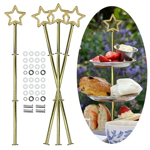 Zasjon 4 Stück Etageren Stangen Set, Etagere 3 Etagen Stäbe Etagere Bausatz Stange Metallstangen Etagere Tortenständer Tortenhalter Etageren Stangen für Hochzeitstorte Kuchen, Obst, Gold