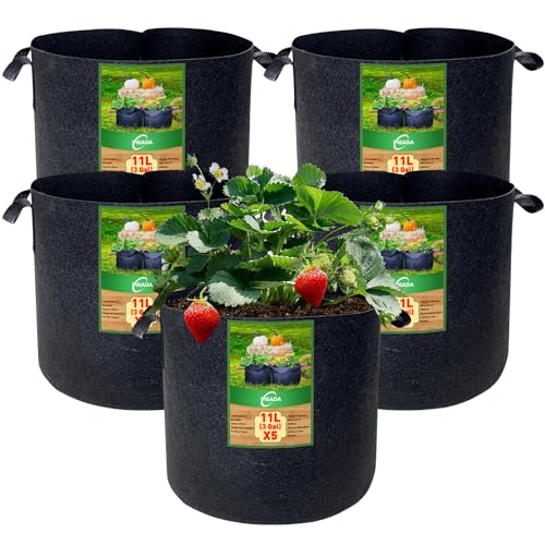 Tomaten kübel,11 L Pflanzsack aus Stoff,Kartoffelsack mit Griff, Wiederverwendbare Pflanztasche für Den Anbau von Kartoffeln, Tomaten,Gemüse,Blumen,Verdickter und Belüfteter Gartentopf, 5 Stück -3 Gal