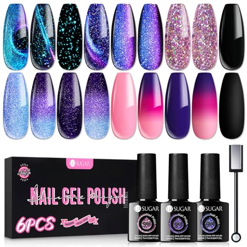 UR SUGAR UV Nagellack Magnetisch Thermo, Gel Nagellack Glitzer Farbgel Chamäleon Schwarz Gelnägel Farben 9D Magnetische Cat Eye Gel Shellac Set 6 Flaschen in 1 Maniküre Geschenkset