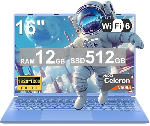 2025 Gaming Laptop 16 Zoll Win11 12+512GB SSD Unterstützung 2TB(HDD-2TB) 1920x1200 Notebook 4-Core Celeron N5095 (bis 2.9GHz) Laptop mit Nummerntastatur WiFi Mini HDMI Deutscher Tastaturschutz-Blau