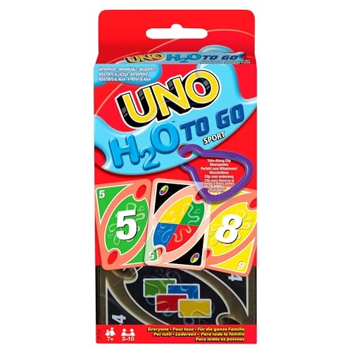 Mattel Games UNO H2O To Go, Uno Kartenspiel für die Familie, Uno wasserfest und zum Anhängen mit Karabinerhaken, Perfekt als Strand Spielzeug oder Reisespiel, für 2-10 Spieler, ab 7 Jahren, P1703