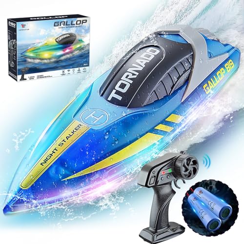 JONRRYIN Ferngesteuertes Boot, RC Boot mit LED-Licht für Pools und Seen, 2,4 GHz Ferngesteuerte Boote RC Rennboot, Speedboot Poolspielzeug für Kinder und Erwachsene