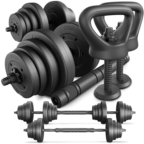 TREX SPORT Hanteln Set | 4in1 Set Kurzhanteln Langhantel, Liegestütze & Kettlebell | 20kg 40kg Hantelset Dumbbell Set mit Verbindungsrohr (2 x 20 kg)