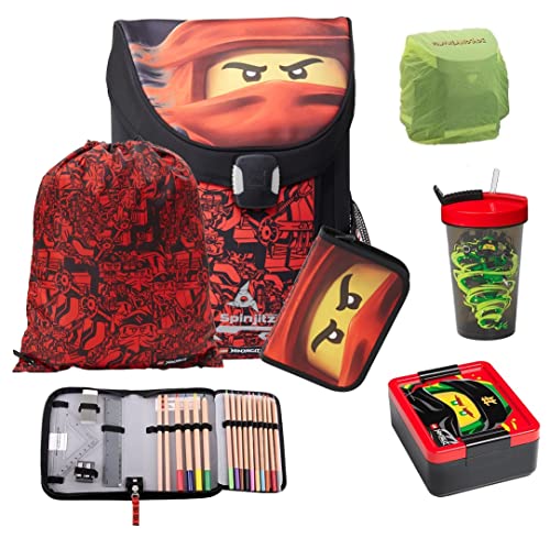 Lego Easy Schulranzen Set Ninjago Red 6tlg. mit Federmappe gefüllt, Regenschutz, Dose und Flasche roter Ninja Kai Spinjitzu Lloyd