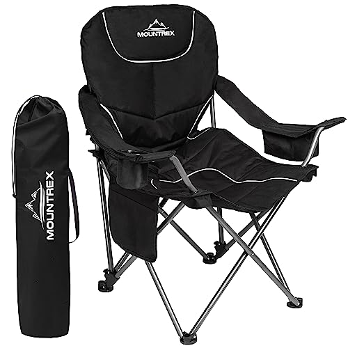 MOUNTREX Campingstuhl - Klappstuhl bis 150kg - Angelstuhl, Strandstuhl - verstellbare Rücken- & Armlehne, faltbar, gepolstert, klappbar - Camping Stuhl Inkl. Kühltasche, Getränkehalter (Schwarz)