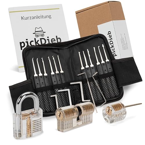 pickDieb - 26-teiliges Lockpicking Set mit 3 transparenten Übungsschlössern + Abdeckungen und Anleitung | Schlosszylinder aus Metall | Dietrichset für Anfänger und Fortgeschrittene