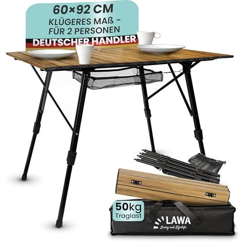 Camping Klapptisch höhenverstellbar bis 69,5 cm Aluminium Campingtisch faltbar Camping Rolltisch 2 Personen Balkontisch Klapptisch Holzdekor leicht mit Tragetasche Netz Aufrollbar klappbar