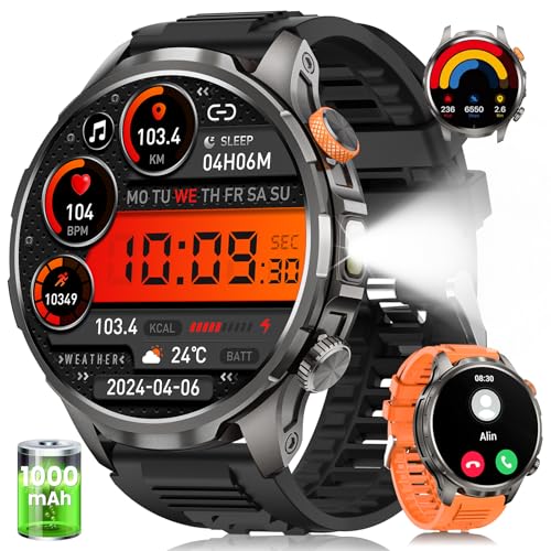 Smartwatch Herren mit 1000mAh Akku/LED Taschenlampe/1.91' AMOLED, 5ATM Wasserdicht Militär Fitness Tracker mit Telefonfunktion, 113 Sportmodi Sportuhr/24/7 Herzfrequenz/Schlafmonitor/SpO2/iOS Android