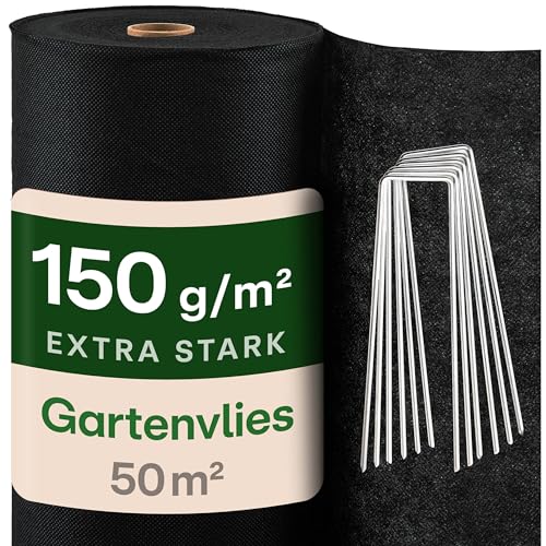 Praknu Gartenvlies 150g/m² mit 24 Erdankern - 𝗘𝘅𝘁𝗿𝗮 𝗦𝘁𝗮𝗿𝗸 & Reißfest – 50m² Mulchvlies für dauerhaften Unkrautschutz – Für Wege, Kies & Steingärten