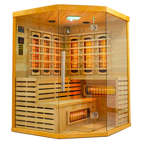 Elbe Infrarotkabine HYGGE für 3-5 Person aus Hemlockholz, 150x150x200 cm，8 Vollspektrumstrahler, 1 Carbonstrahler, Saunakabine mit Farblichtherapie, Ionisator und Audio System