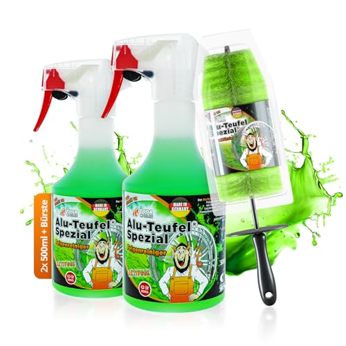 TUGA Alu-Teufel Spezial 2x 500 ml Felgenreiniger Aktiv-Gel grün für glänzende Alufelgen dank säurefreier Schmutzentfernung und original Felgenbürste - Made in Germany
