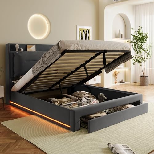 Dolamaní Boxspringbett 140x200 cm mit Bettkasten, Polsterbett Doppelbett mit Stauraum, Bett mit Schubladen, Bettgestell Metall mit Lattenrost, Kopfteil mit Ablagefach, Samt, Dunkelgrau