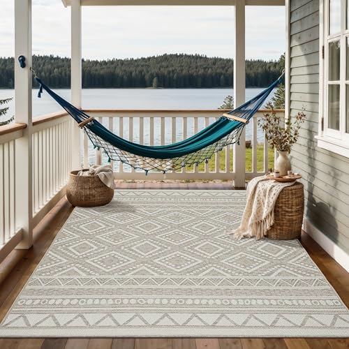 the carpet Calgary - robuster Outdoor Teppich, Flachgewebe, modernes Design, ideal für Küche und Esszimmer, Vintage-Optik, Boho-Style, auch für den Außenbereich, Beige, 160 x 220 cm