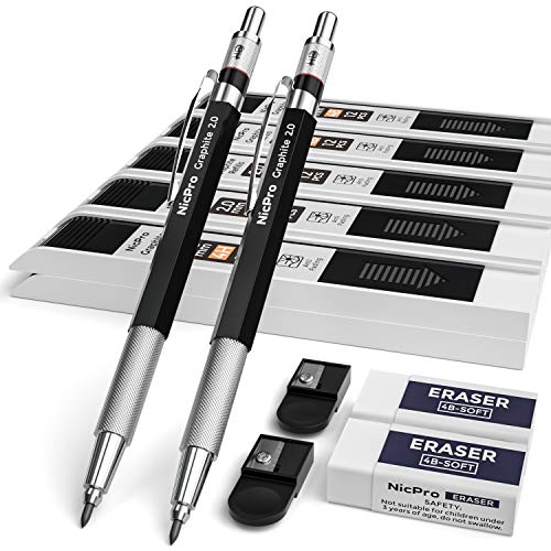 Nicpro 2mm Druckbleistifte Set, 2 Stücke Fallminenstift Metall Mechanische Bleistifte 2,0 mm,10 Dosen Farbe & Schwarz Bleimine (HB 2B 4H 2H 4B), Radiergummis, Anspitzer für Schreiben Zeichnen