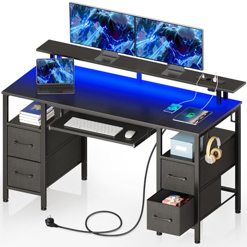 Rolanstar Gaming Schreibtisch mit LED, Steckdose, Gaming Tisch mit 4 Stauraum, Tastaturablage, 120 cm Computertisch mit Monitorständer für Home, Office, Büro