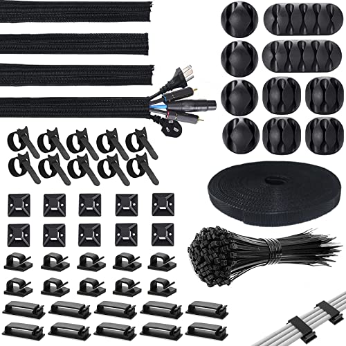 LUBOXIN 155Pcs Kabelmanagement Kit, 10Pcs+1 Rolle Selbstklebende Klettband, 4 Kabelschlauch, 100 Kabelbinder, 10 Kabelbinderhalter und 30 Kabelhalter Selbstklebend für Schreibtisch Cable Management