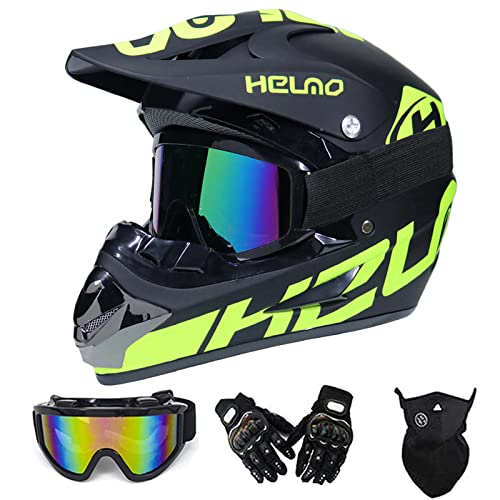 MRDEAR Fullface MTB Helm, Motorrad Crosshelm mit Brille (4 Stück/ Schwarz und Grün) Motocross Helm Herren Kinder Enduro Cross Helm Motorradhelm für Fahrrad Downhill Bike BMX Off Road ATV,M