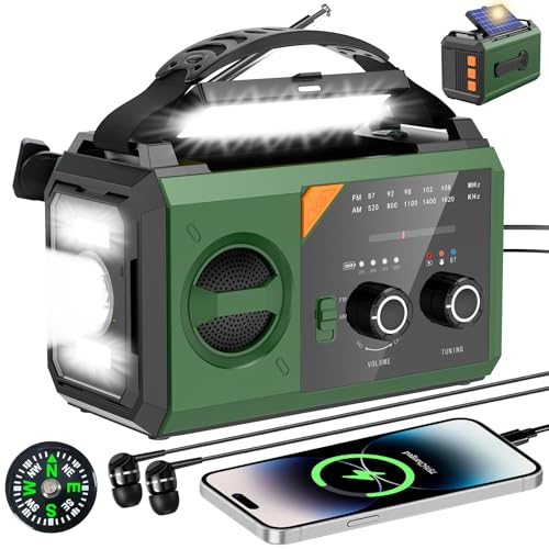 30000mAh Bluetooth Kurbelradio mit Handyladefunktion Solar, AM/FM Solar Radio 3 Lademethoden 8 in 1 Tragbares Notfallradio mit Powerbank,SOS,Taschenlampe,Kompass,Leselampe,Kopfhöreranschluss(3)