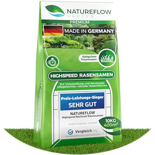 Rasensamen schnellkeimend Frühjahr 10kg 400qm - TEST SEHR GUT - Schnell wachsender Rasen Made in Germany - Premium Grassamen schnellkeimend - Rasensaat für sattgrünen Traumrasen - Rasensamen 10kg