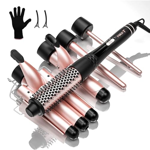 Lockenstäbe Set 5 in 1, MAX-T Lockenstab mit 3 Fässer und Multifunktion Lockenbürste, mit Verschiedenen Aufsätzen 9-38mm, PTC-Schnellheizung Temperaturregelung und Schutzhandschuhen