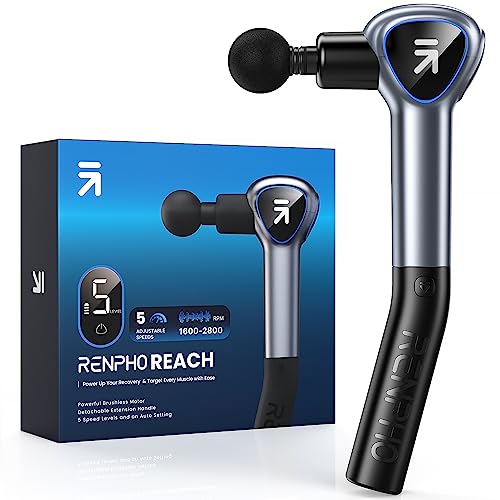 Massagepistole mit Verlängerungs Griff, RENPHO Reach Massage Gun Massagegerät, Muskel Massagepistole mit Berührbarem LED Bildschirm für Heimtraining, Ganzkörper Muskel Massage und Entspannung,Grau