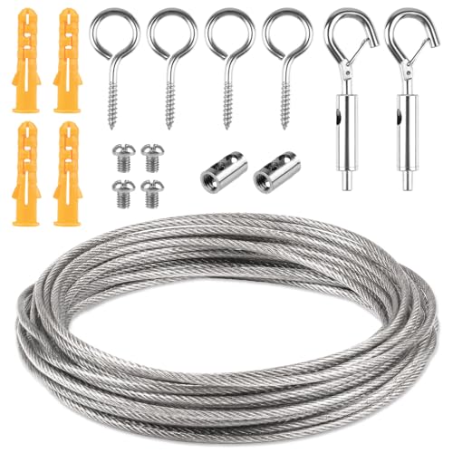 Drahtseil Rankhilfe Set, 5M x 2mm Edelstahl Draht Seil, Stahlseil mit Ösen und Haken, Seilspanngarnitur - für String Light Suspension, Gardinenseil, Kletterpflanzen, Duschvorhangseil - 17 Pcs