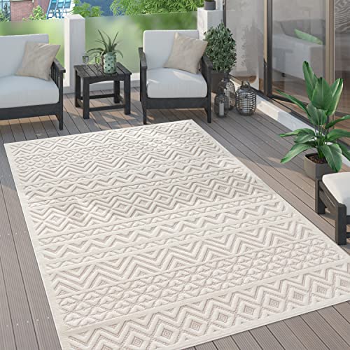 Paco Home Outdoor Teppich wetterfest & langlebig Moderne Boho-Designs mit 3D-Effekt Skandi-Look UV-beständig & robust für Balkon, Garten, Wohnzimmer & Küche, Grösse:60x100 cm, Farbe:Creme