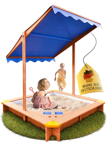 FRIEDO - Sandkasten mit Dach (UV80+) & Matschküche 140x140 cm - Sandkiste inklusive Bodenvlies gegen Unkraut und Ungeziefer - Sandkasten mit Abdeckung für Kinder (L - 140x140cm)