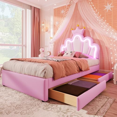 Merax Kinderbett 90x200, Polsterbett für Mädchen Kronen-Einzelbett mit verstellbarem Kopfteil, 16 Farben LED-Streifen, aus PU-Leder Bettrahmen mit Lattenrost und 2 Schubladen (ohne Matratze), Rosa