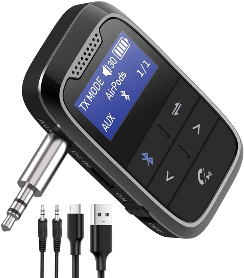 Ainostone Bluetooth Adapter 2-in-1 Bluetooth 5.0 Sender Empfänger mit 3,5mm Klinke Aux Wiederaufladbar Akku Wireless Audio Transmitter mit 20 Stunden Akkulaufzeit für TV Kopfhörer Flugzeug Auto PC
