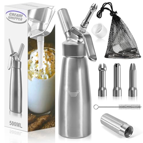 BUOAZR Sahnespender, 500ml Sahnesyphon mit 3 Deko-Düsen und 1 Reinigungbürste, 1 Netztasche, Auslaufsicherer Sahnesiphon