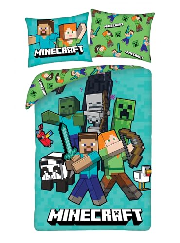 Kinder Bettwäsche Wendebettwäsche Kinderbettwäsche Öko-Tex Bettbezug 140x200 und Kissenbezug 70x90 Minecraft mit Alex und Steve