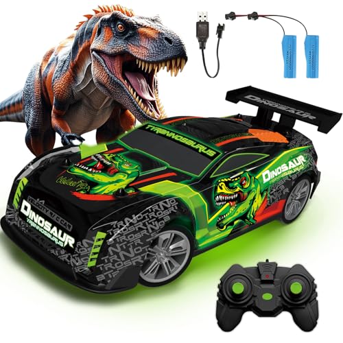 Ferngesteuertes Auto ab 3 4 5 6 Jahre, Dinosaurier Spielzeug mit Licht und Musik, 15KM/H 1/16 Ferngesteuerter Dinosaurier mit 2Akku 1 Stunde Spielzeit, 2.4GHz Fernsteuerung Auto Drift Car für Kinder