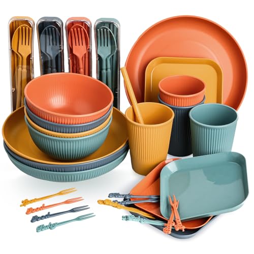 Sour Lemon Camping Geschirr Set, 52 Teiliges Unzerbrechliches Geschirr Set, Unzerbrechlich Picknick Geschirr Sets für 4 Personen Picknick mit Tellerset, Schüssel, Becher, Besteck