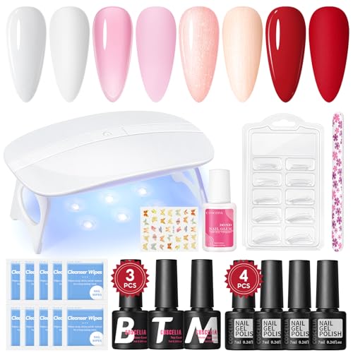 COSCELIA Gel Nagellack Set mit UV Licht 4 Farben Nagellack Set und Base Coat Top Matte Coat Gel mit Nagel Dekoration Basic Tools für Nageldesign
