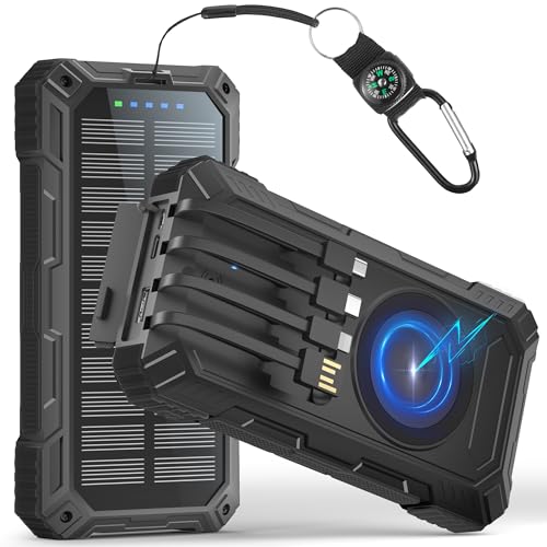 56800mAh Power Bank Solar Powerbank PD 30W USB C Wireless Charging Externer Akku Ladegerät mit 4 Kabeln Schnellladung 6 Ausgänge 3 Eingänge,Powerbank Solar Outdoor für Camping,Outdoor