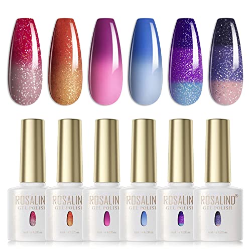 ROSALIND UV Nagellack Thermo 6 Farben UV Gellack Farbwechsel Gel Nagellack Thermo Shellac Gellack Kit Mehrfarbig Ablösbarer Nagelgel Farbgel Gel Nagel Chameleon Gel Nail Polish Set