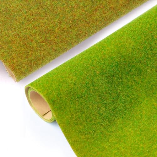 Jortmrd 2 Rollen Grasmatte Modellbau Rasen 100 x 35 cm，Kunstrasen Deko, Fake Grass, Modelleisenbahnrasen Rasenmatten für Modellbau, Modelleisenbahn Zubehör, Bastelprojekte（Gelbgrün+Hellgrün)