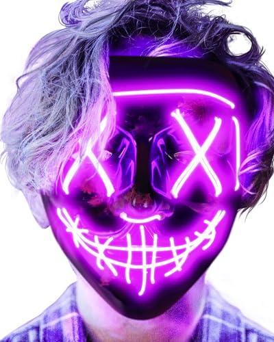 AnanBros Halloween Maske, LED Maske im Dunkeln Leuchtend, Halloween Maske 3 Beleuchtungsmodi für Kostümspiele Cosplays Feste und Partys - Violett