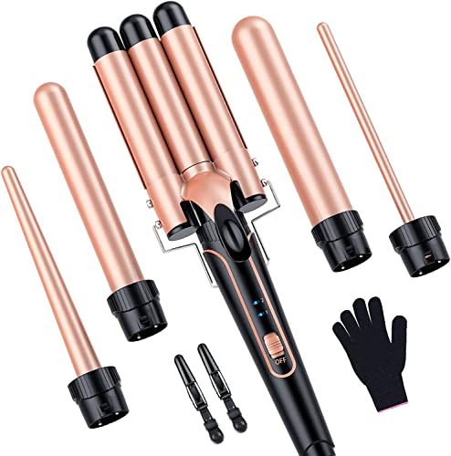 Lockenstab set 5 in 1 mit 3 Fässer - Welleneisen für große/mittlere oder kleine Locken Keramikbeschichtung Lockenstäbe Temperatureinstellung Schnelle Erwärmung, mit Handschuh und 2 Clips