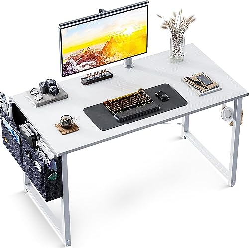 ODK Klein Schreibtisch Weiß 100×48×74cm Computertisch Bürotisch mit Kopfhörer Halter und Aufbewahrungstasche, Kleiner Schreibtisch Arbeitszimmer Holz PC Tisch Officetisch für Home, Office
