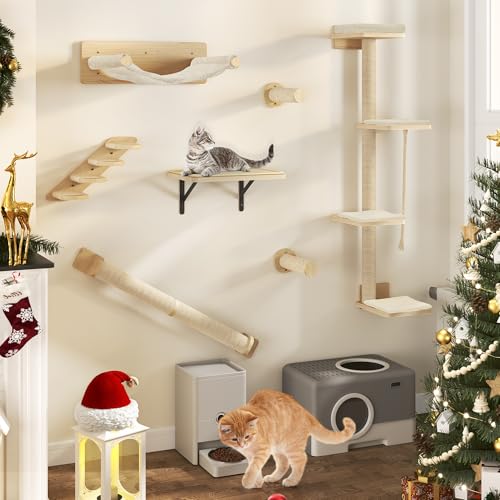 YITAHOME 7PCS Kletterwand Katzen, Katzen-Wandmöbel aus Holz, Katzen-Kletterbaum mit 3 Kratzbäumen/4 Stufen, Katzentreppe/Hängematte/Katzenbett, Katzenbaum zur Wandmontage mit 4 Plattformen