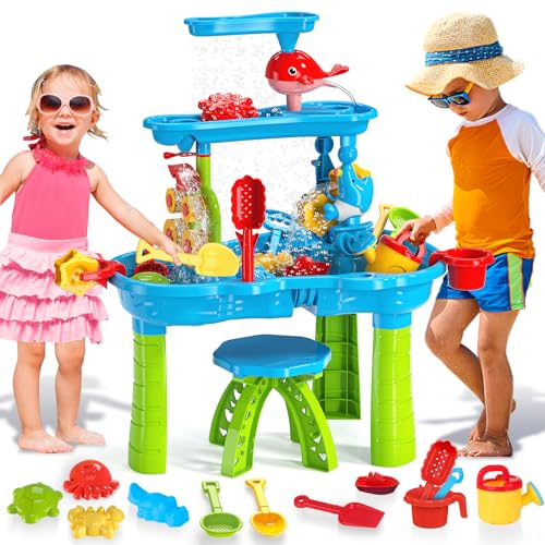 deAO Wasserspieltisch für Kinder, 3-Tier Sand Wassertisch für Kleinkinder, Sand- und Wassertisch Outdoor Spielzeug mit 13 Stück Zubehör, Wasserkocher, Eimer, Sandform, Schaufel für Kinder 3-8 Jahre