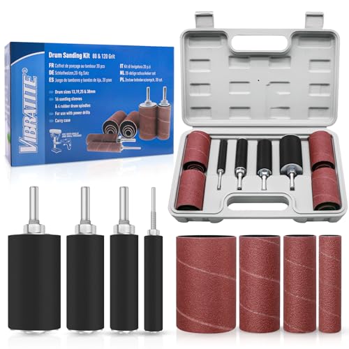 VIBRATITE 20 Stück Schleifhülsen Schleifwalzen Set - Gummi Schleiftrommel Set, 80 und 120 Körnung Schleifbandhülsen mit Werkzeugkasten für Bohrmaschinen Spindelschleifer