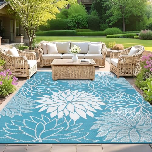 SHACOS Boho Outdoor Teppich Wetterfest 150x240 cm Außenteppich Balkon Teppich UV-beständig Picknickdecke Wendbar Kunststoffteppich für Terrasse, Camping, Hinterhof, Pool, Türkis